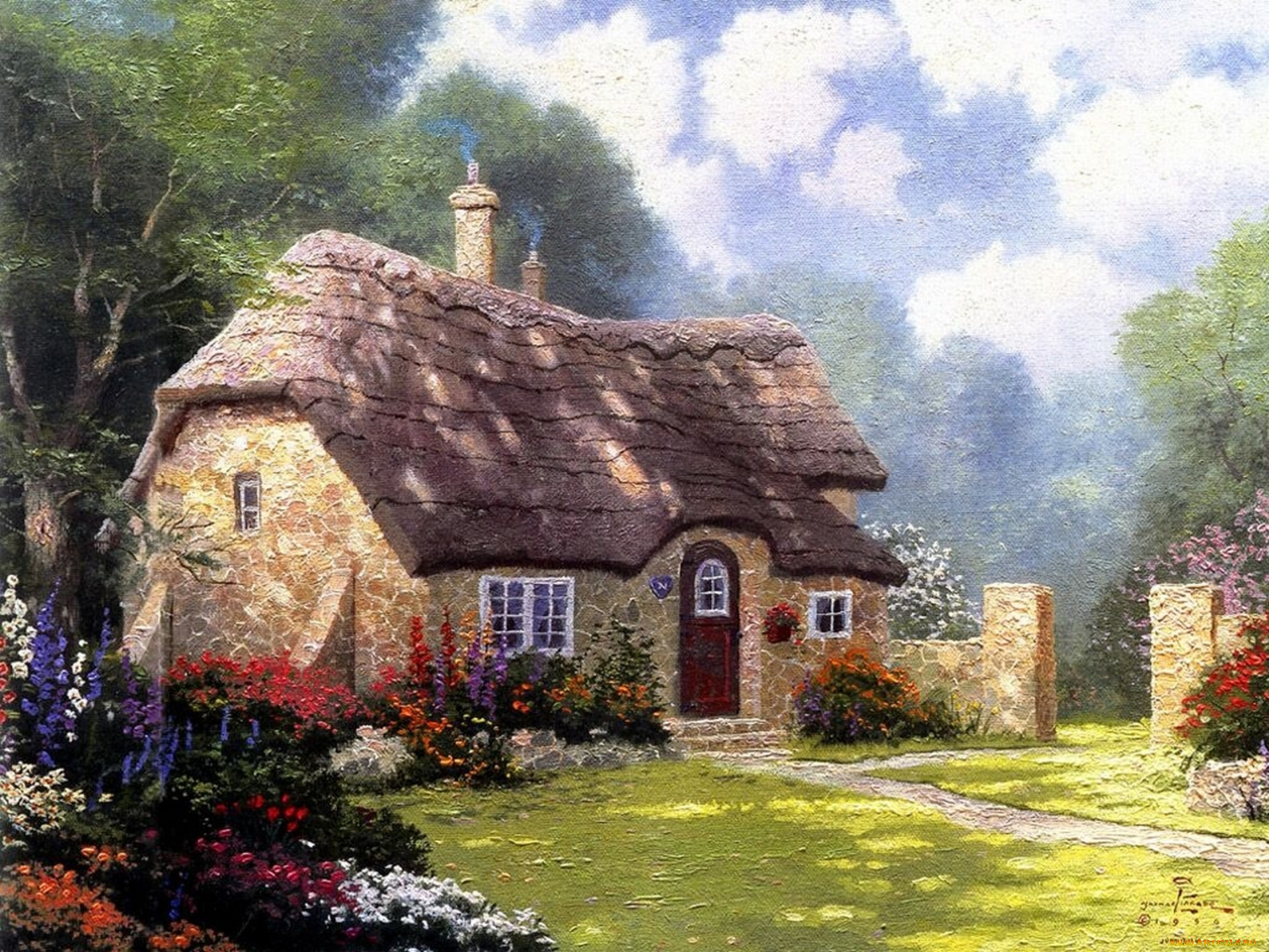 cottage, in, the, forest, , thomas, kinkade, , , painting, , , , summer, 